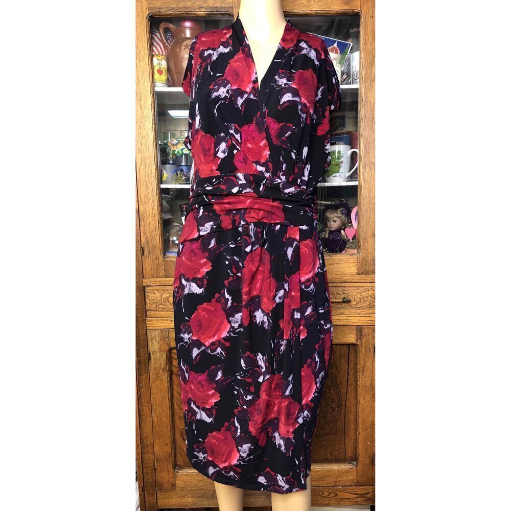Chaps Womens Red Floral Wrap Dress Short Sleeves Stretch Waist Size Extra Large